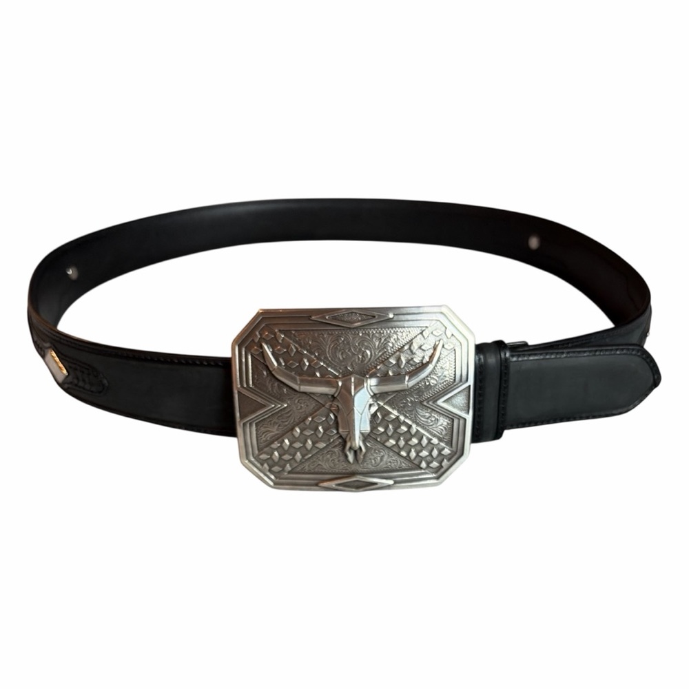 BLACK GENUINE LEATHER WESTERN BELT W/ LONGHORN BUCKLE SZ 44 - Picture 4 of 8